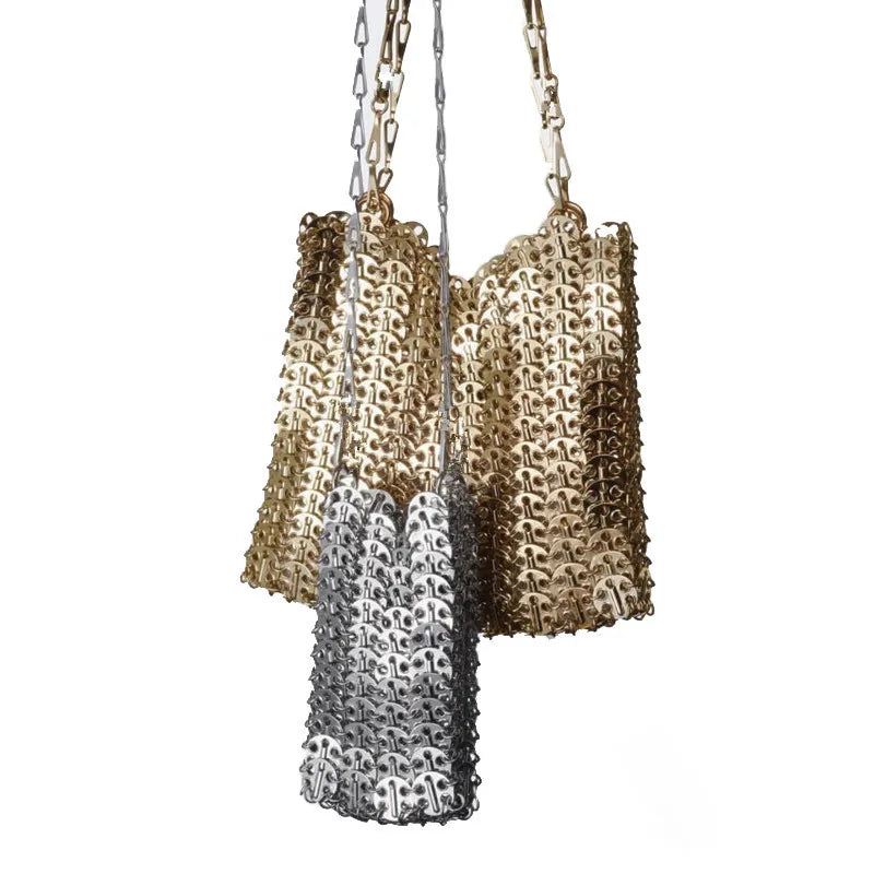 luxury Women Bags Designer Metal Sequins Chain Woven Bag Hollow Evening Bags Clutch Female Travel Holiday Shoulder Bag Handbag