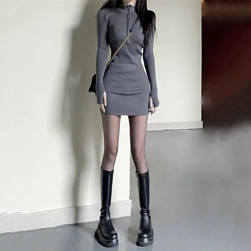 Xpqbb Black Sexy Slim Bodycon Dress Ladies Fall Winter Long Sleeve Zipper Collar Knit Dresses Woman Korean Ribbed Mini Dress