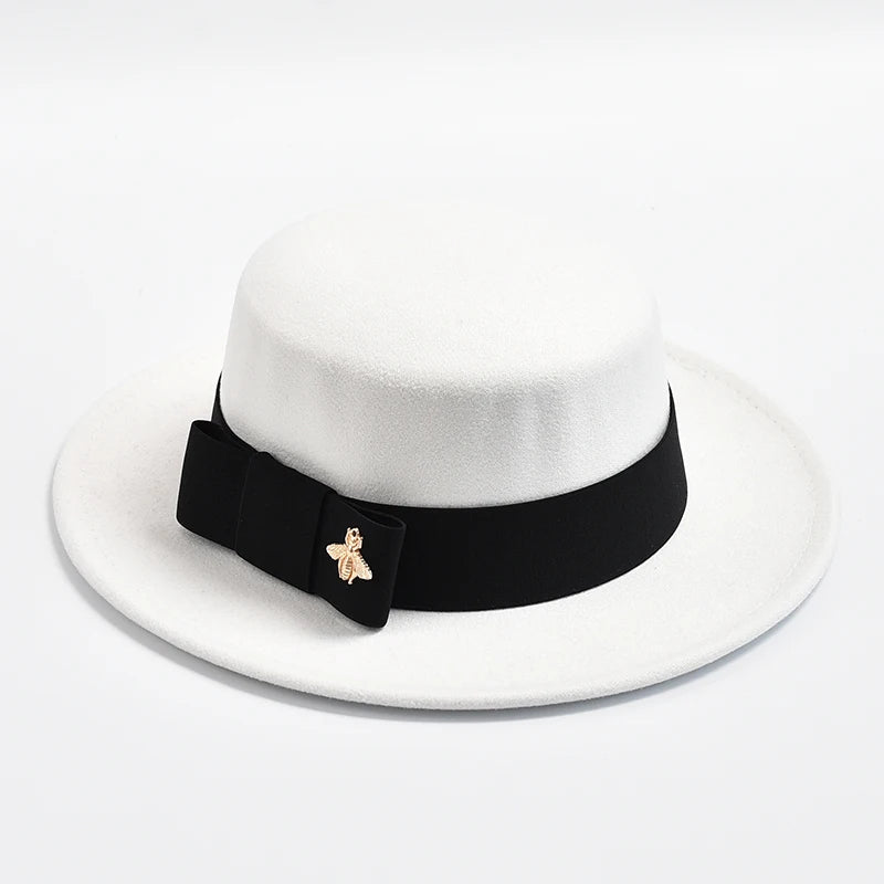 New Fedora Hat for Women Elegant Fashion Formal Wedding Decorate Church Cap Flat Top Bow Party Jazz Hat Chapeau Femme