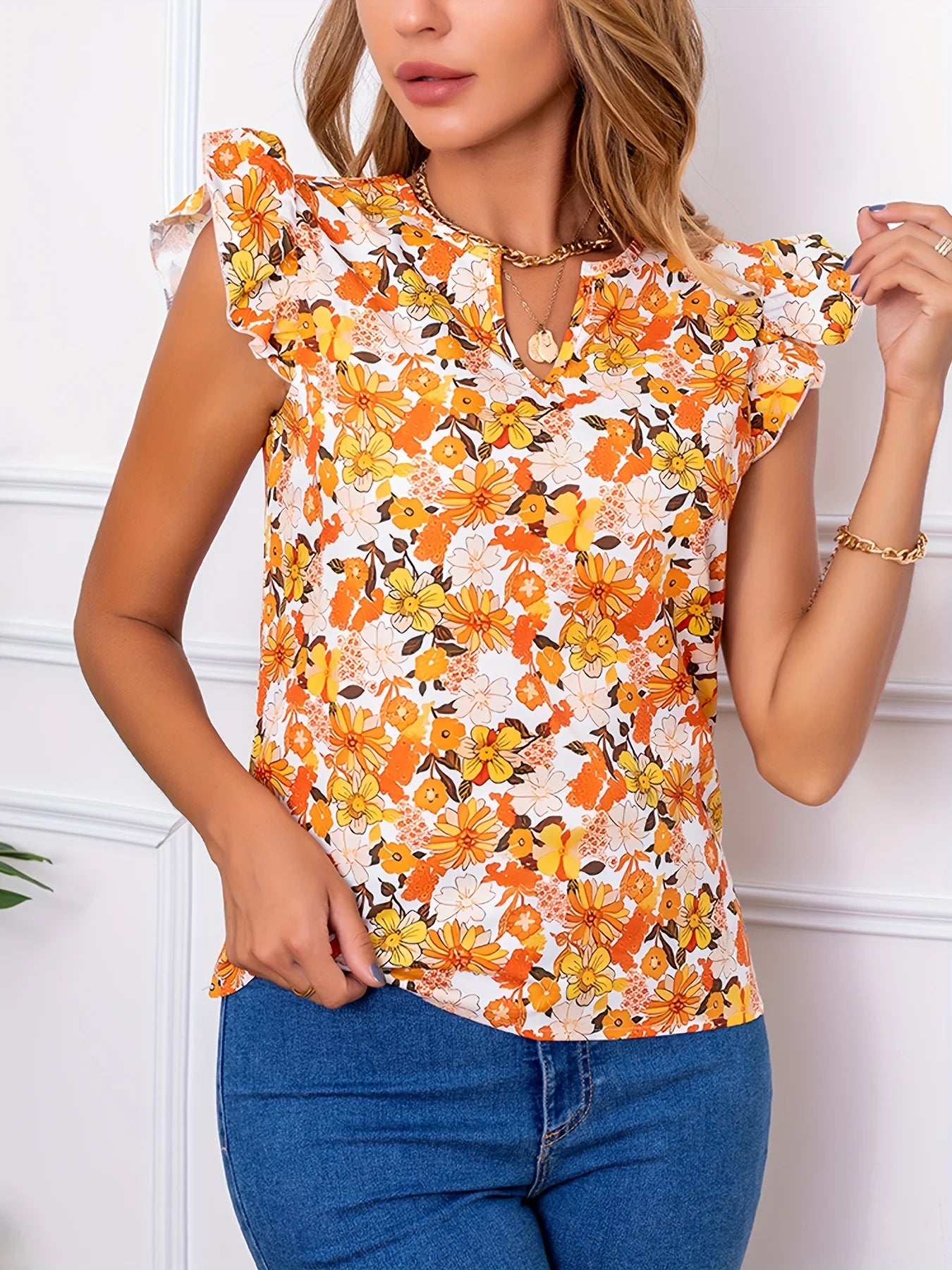 Romantic floral new shirt with cute floral print V-neck women's shirt