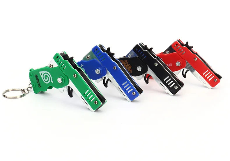 1PC MINI Toy Gun Keychain 50 Rubber Bands Folding Rubber Band Gun Shooting Pistol Alloy Key Charm Pendant Kid Outdoor Party Gift
