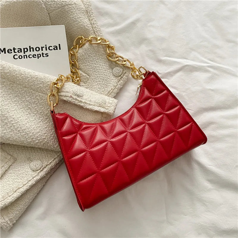 Women's Diamond Pattern Shoulder Bag PU Leather Solid Color Niche Chain Handbag Fashion Females Underarm Shopping Bag