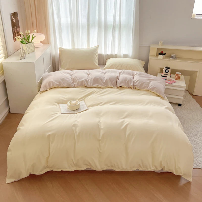 2-side Solid Color Brush Fabric Bed Set 4 Pieces Duvet Cover Pillowcase Bedding Set Bed Sheet Quilt Cover Single Queen King Size