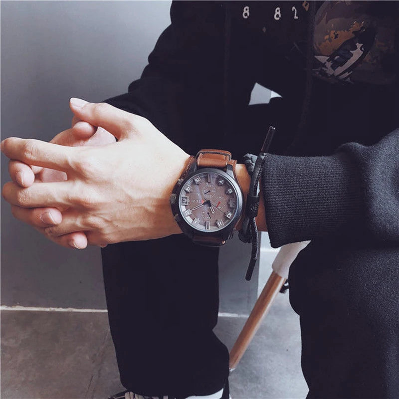 YIKAZE Luxury Business Men Quartz Watch Classic Retro Men's Watches Big Dial Leather Strap Date Military Wristwatch for Man