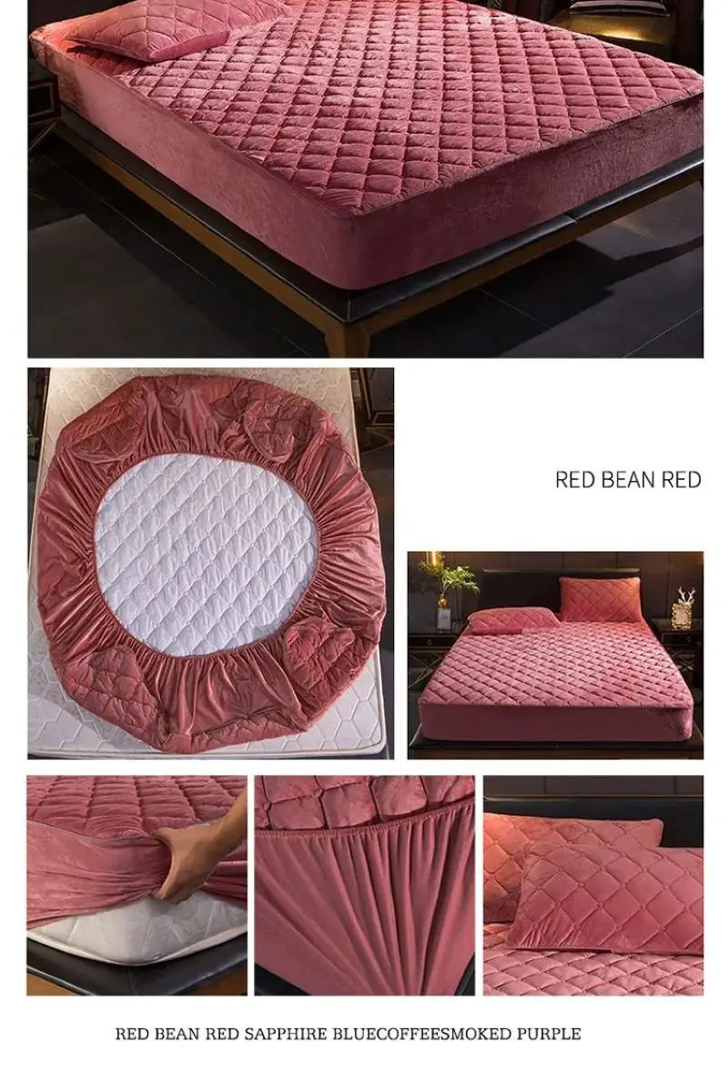 Crystal Velvet Thicken Quilted Mattress Cover Warm Soft Plush Queen King Quilted Bed Fitted Sheet Not Including Pillowcase