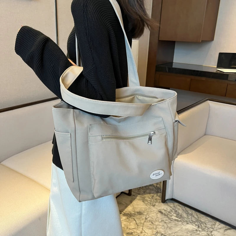 Lightweight Canvas Shoulder Bags For Women Ladies Handbags Multi Pockets Pure Color Travelling Shopper Totes