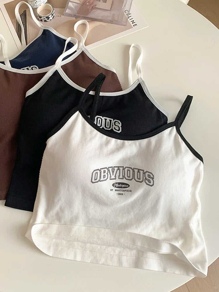 ITOOLIN Women Crop Tops With Padded Bra O-neck Letter Printing Solid Crop Tops Summer Tops Spaghetti Camisole 2023