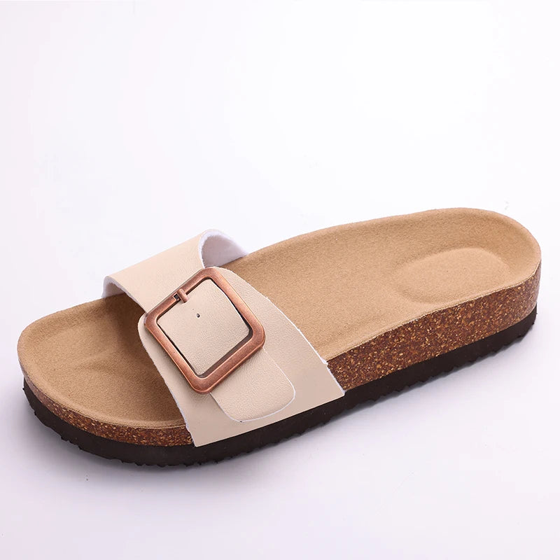 Kidmi Women Cork Suede Mules Slippers Outdoor Antiskid Beach Slippers Classic Cork Footbed Women Sandals With Adjustable Buckle