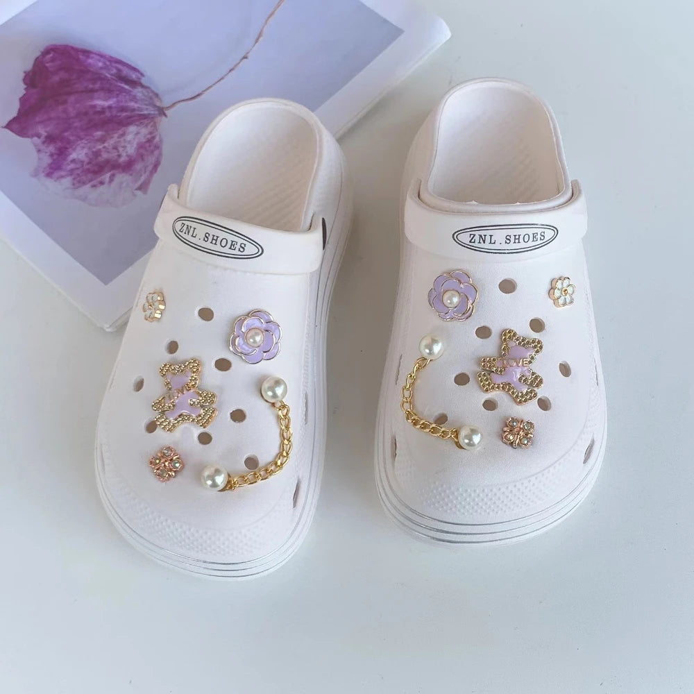 Shoe Charms for Crocs DIY Lovely Purple Bear With Gold Rim Decoration Buckle for Croc Shoe Charm Accessories Party Girls Gift