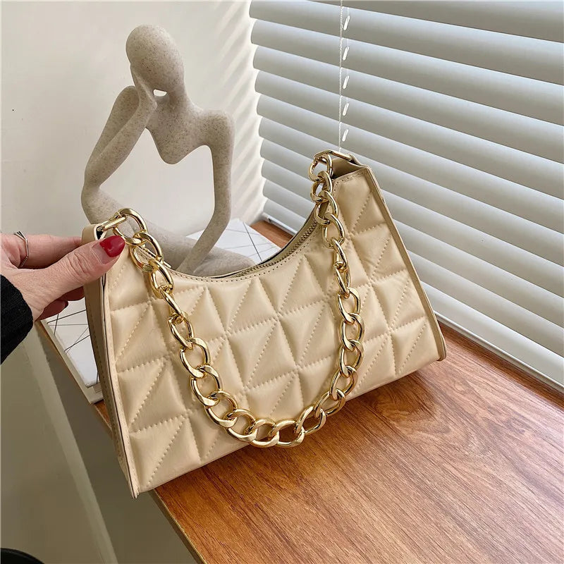 Women's Diamond Pattern Shoulder Bag PU Leather Solid Color Niche Chain Handbag Fashion Females Underarm Shopping Bag