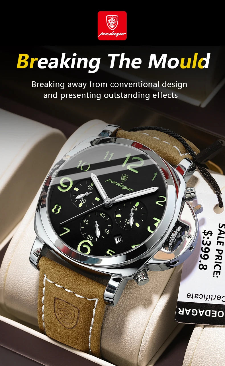 POEDAGAR Luxury Man Watch Chronograph Waterproof Luminous Date Watch for Men Casual Leather Sports Military Men's Quartz Watches