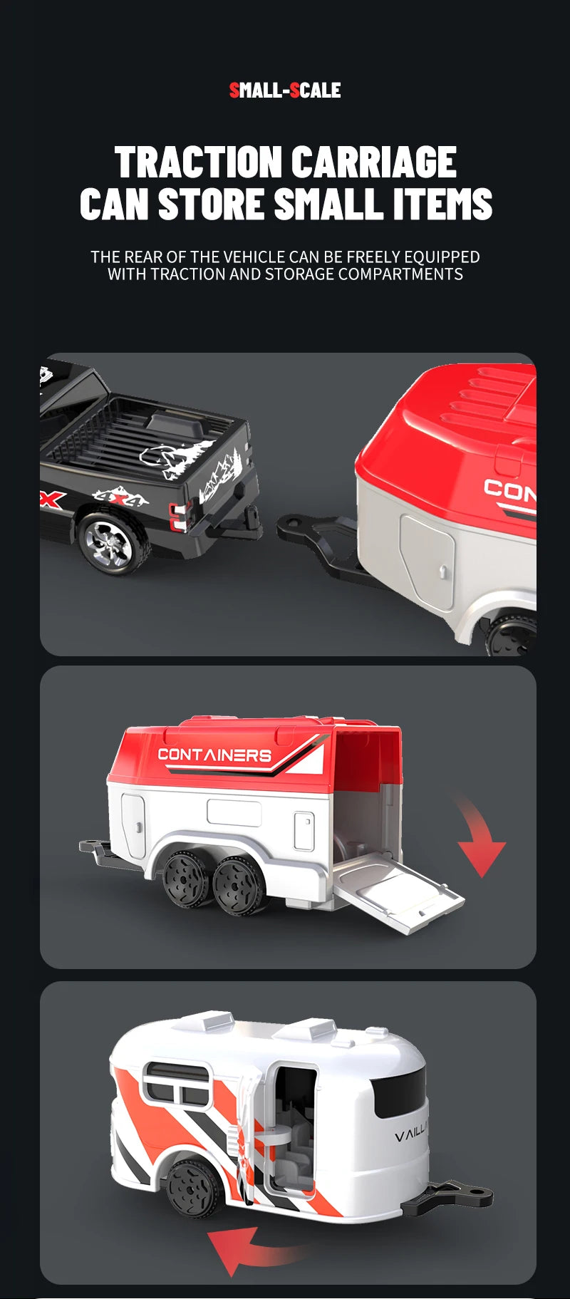 1:64 Metal Alloy Proportional Remote Control Vehicle Model 2.4GHz Mini Simulation RC Car With Trailer