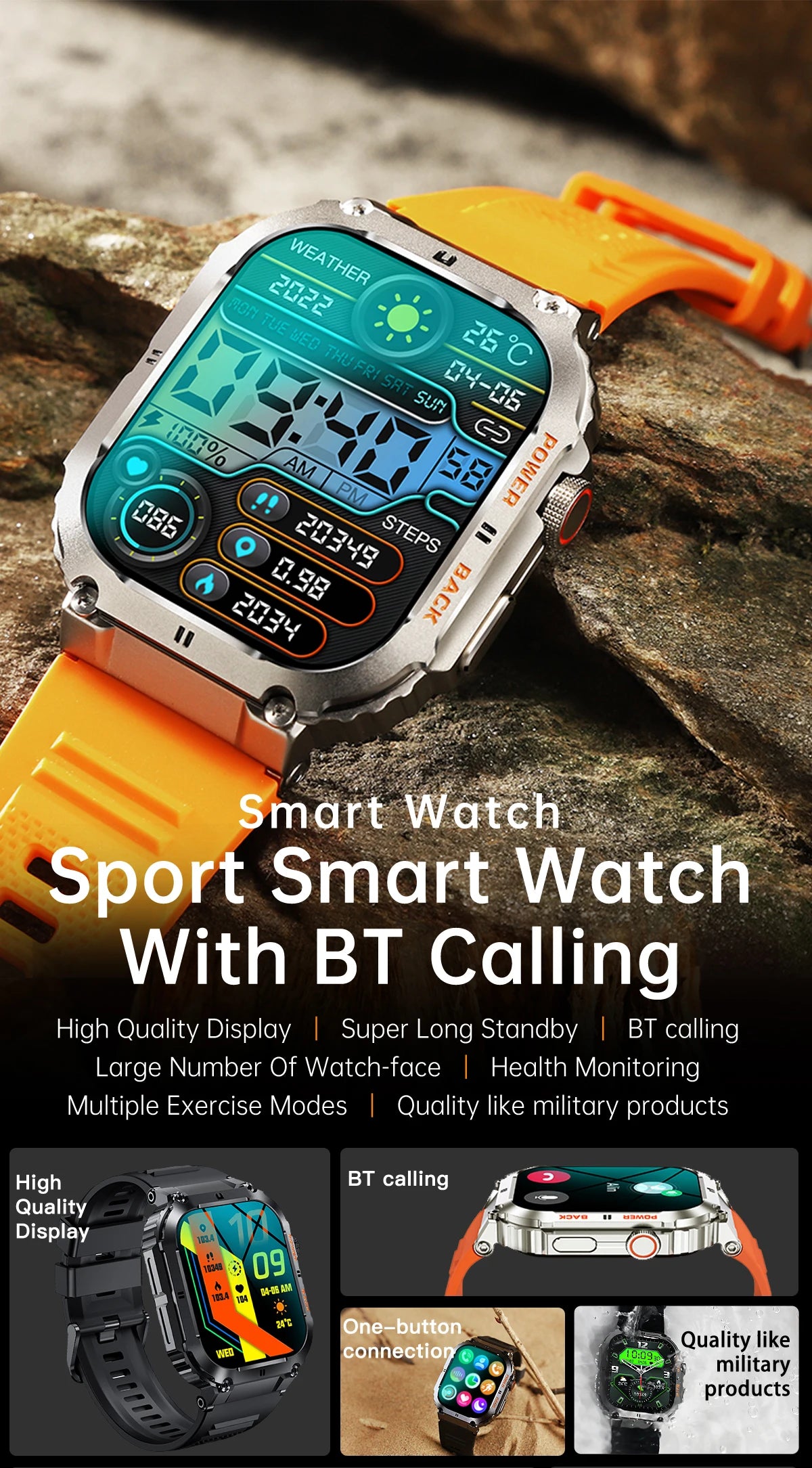 LIGE Outdoor Sports Fitness Smartwatch For Men 1.96 Inch Screen Bluetooth Calling Waterproof Watches Blood Oxygen Reloj Hombre