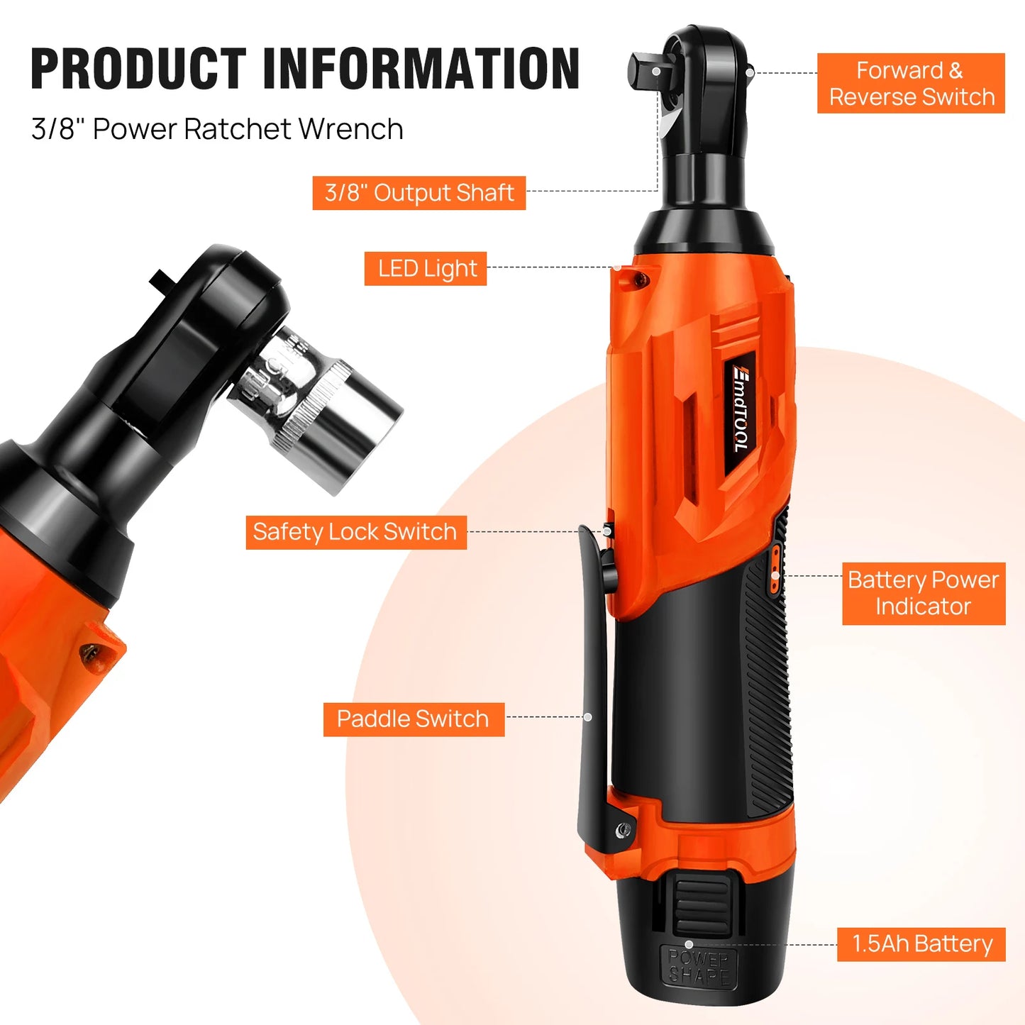 DayPlus 200NM 3/8" Cordless Electric Ratchet Wrench,90° Angle Wrench 12V Power Ratchet Tool with 2 Batteries & Charger+7 Sockets
