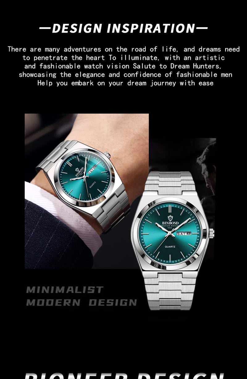 Men Watch Light Luxury Brand Stainless Steel Double Calendar Waterproof Male Business Leisure Fashion Quartz Clock Watches W004