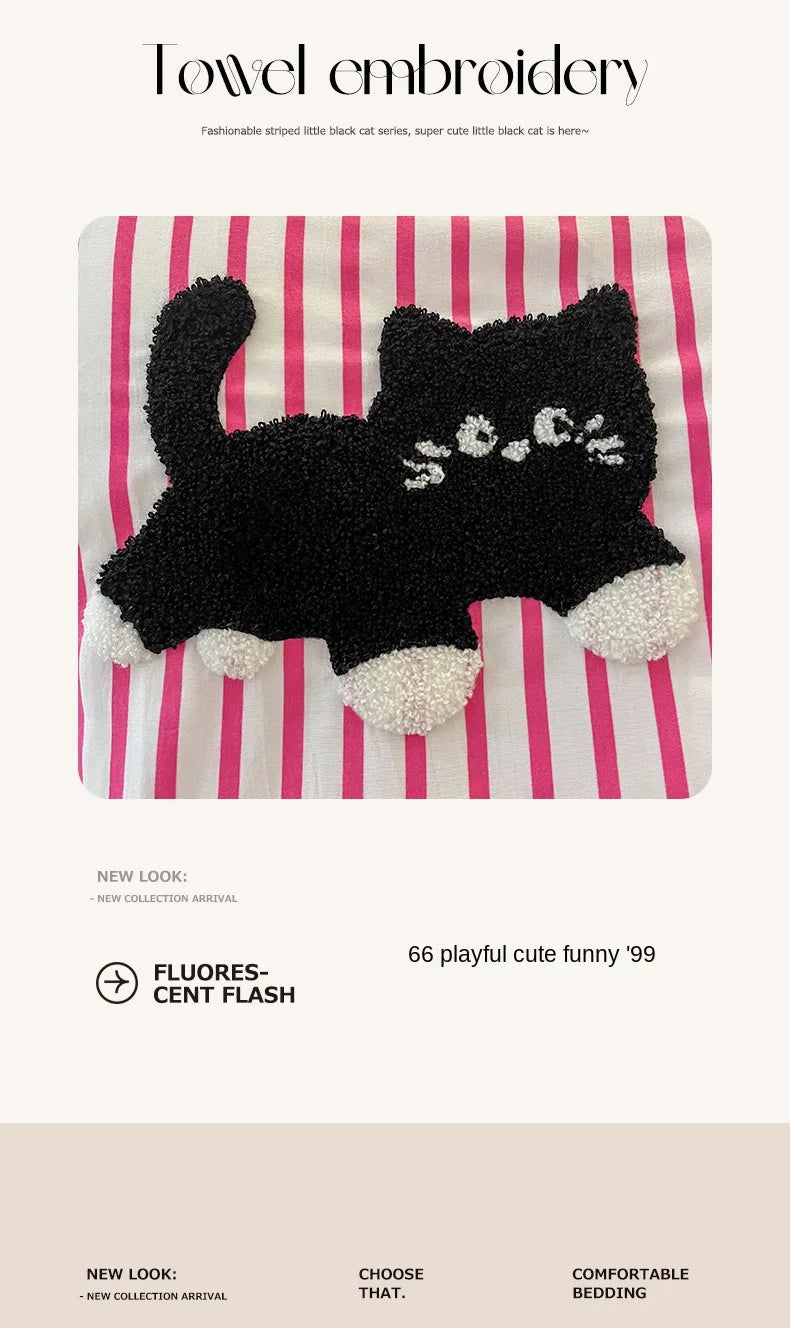 Korean Style Bedding Set Green Strip Black Cat Embroidery Washed Cotton Duvet Cover Cute Cardboard Bed linen Comforter Sets