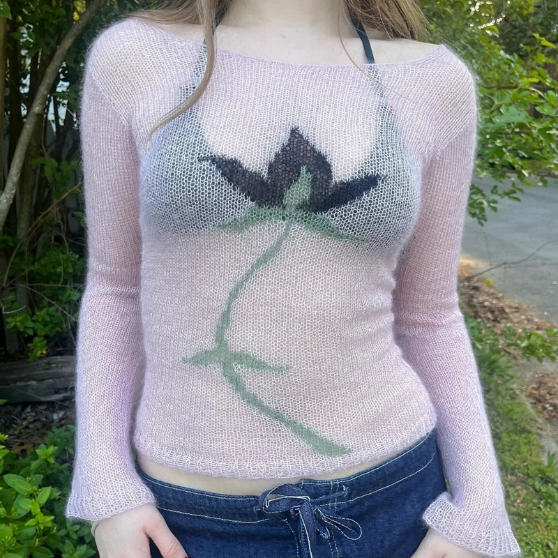 Flower Long Sleeve Knitted Crop Tops Aesthetic See Through Sweater Tees 90s Vintage Y2k Gyaru Crop Tops Jumpers Cottage Clothes