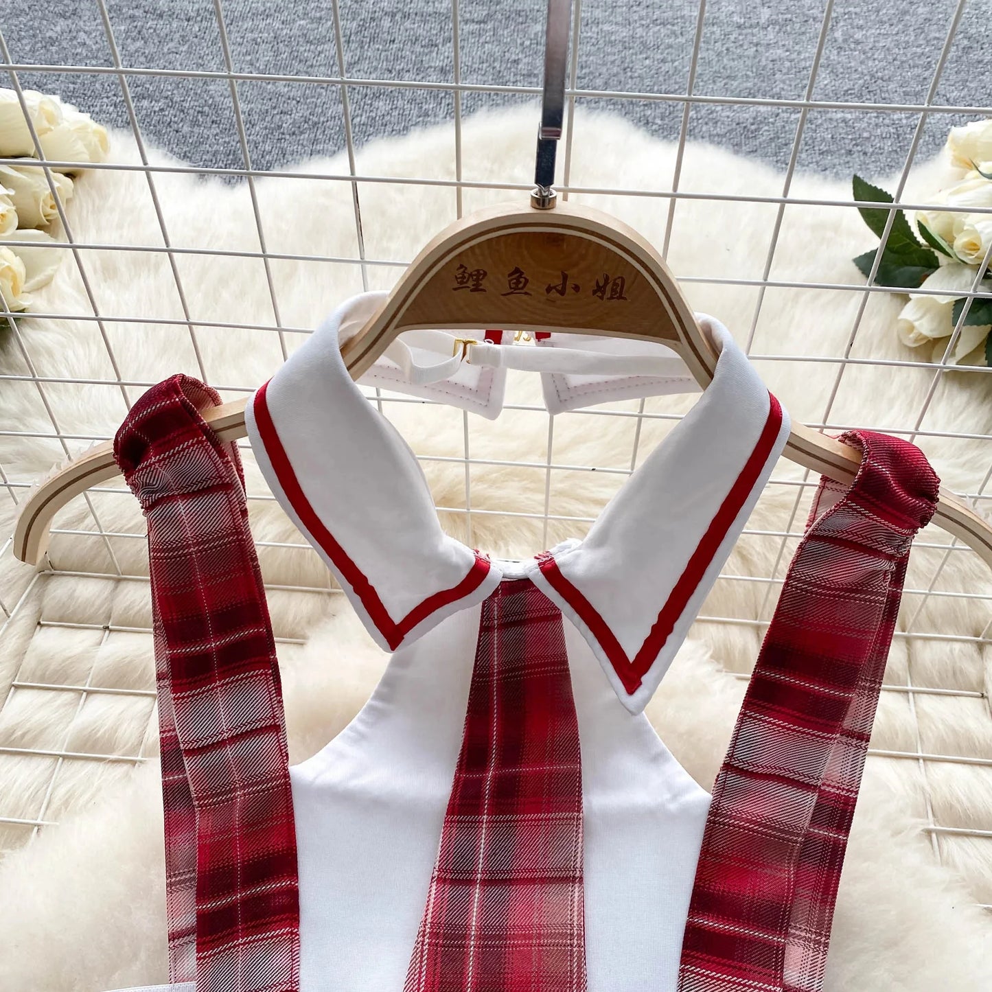 Girls Sexy Cute Japanese JK Uniform Mini Checkered Strap Skirt Off Shoulder High Waist Elastic Cosplay Dress Hot Sweet Pajama