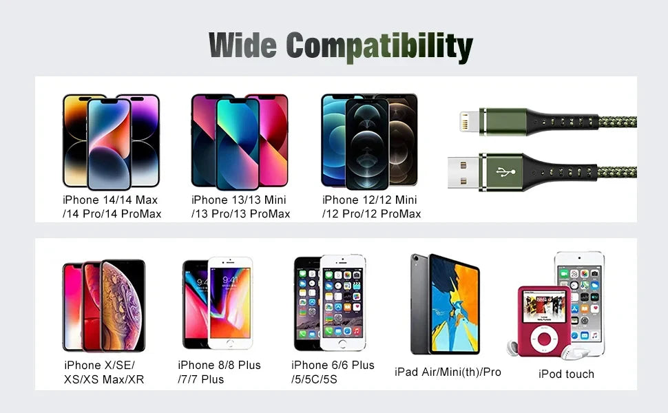 Original Fast USB Charging Cable for iPhone 14 8 7 6S Plus X XR XS 13 12 11 Pro Max SE Nylon Braided USB Charger Cord Data Cable