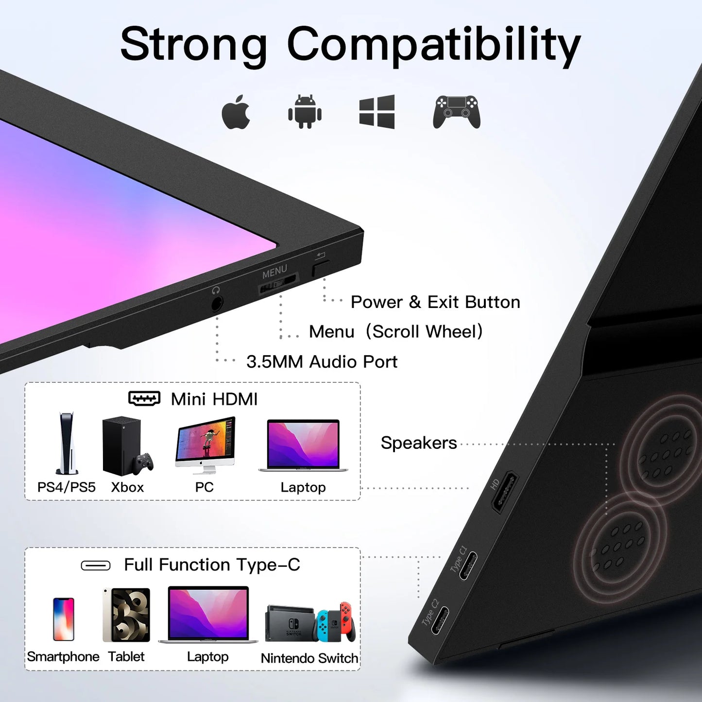 15.6 inch Portable Monitor for Laptop,WUAWE 1080P 72 NTSC 100 sRGB USB C HDMI Travel External Second Computer Screen with HDR