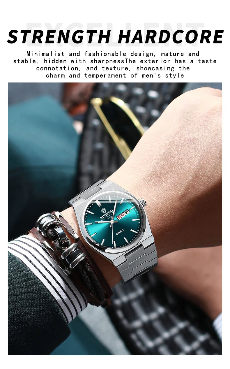 BINBOND Fashion New Men Business Watch Leisure Quartz Stainless Steel Buckle Watches Waterproof Luminous Calendar Men's Watches
