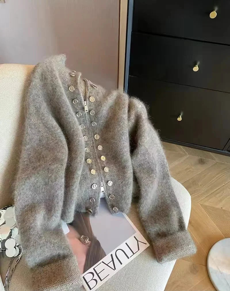 Women's Grey Cardigan Sweater Harajuku Korean Y2k Long Sleeves O-Neck Cashmere Sweaters Jumper Vintage 2000s Clothes Autumn 2024