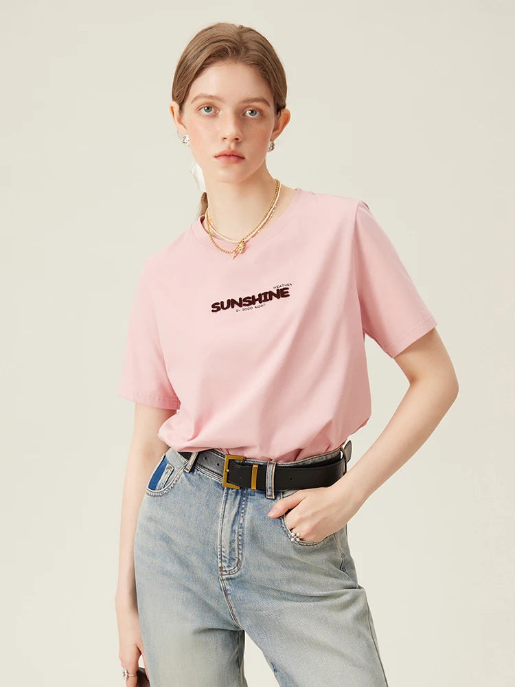 FSLE 69.8% Cotton Women Round Neck Front Shoulder Tees Letter Toothbrush Embroidered Ladies Pink T-shirts White Tops 24FS11355