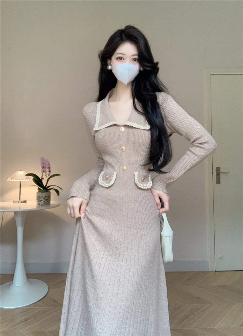 New Women French Knitted Dress Autumn Winter Slim A-line Lapel Casual Knitted Dresses Ladies Elegant Long Sleeve Midi Dress