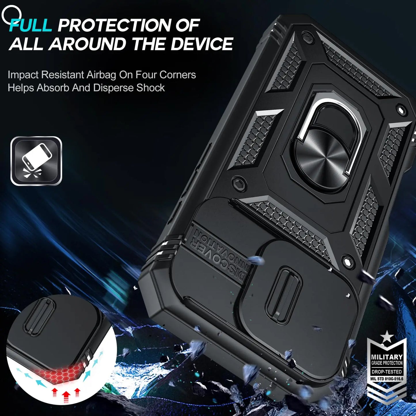 Case For iPhone 16 15 14 13 12 11 Pro XS Max XR Plus Camera Slide Military Grade Armor Protection 360 Degree Rotate Armor Cover