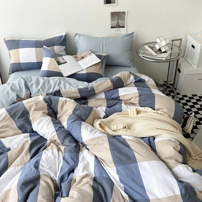 Bed Linen Washed Cotton Striped Grid Minimalist Bedding Sheet Set Comforter Sets Queen Duvet Cover Double For Boys And Girls