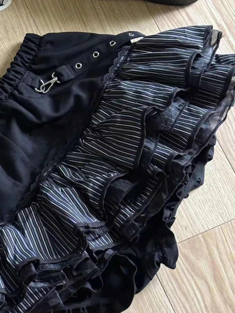 Harajuku Girls Stripe Punk Grunge Skirts Women Y2k Aesthetic High Waist Cake Mini Streetwear Lace Vintage Kawaii Mini Jupe