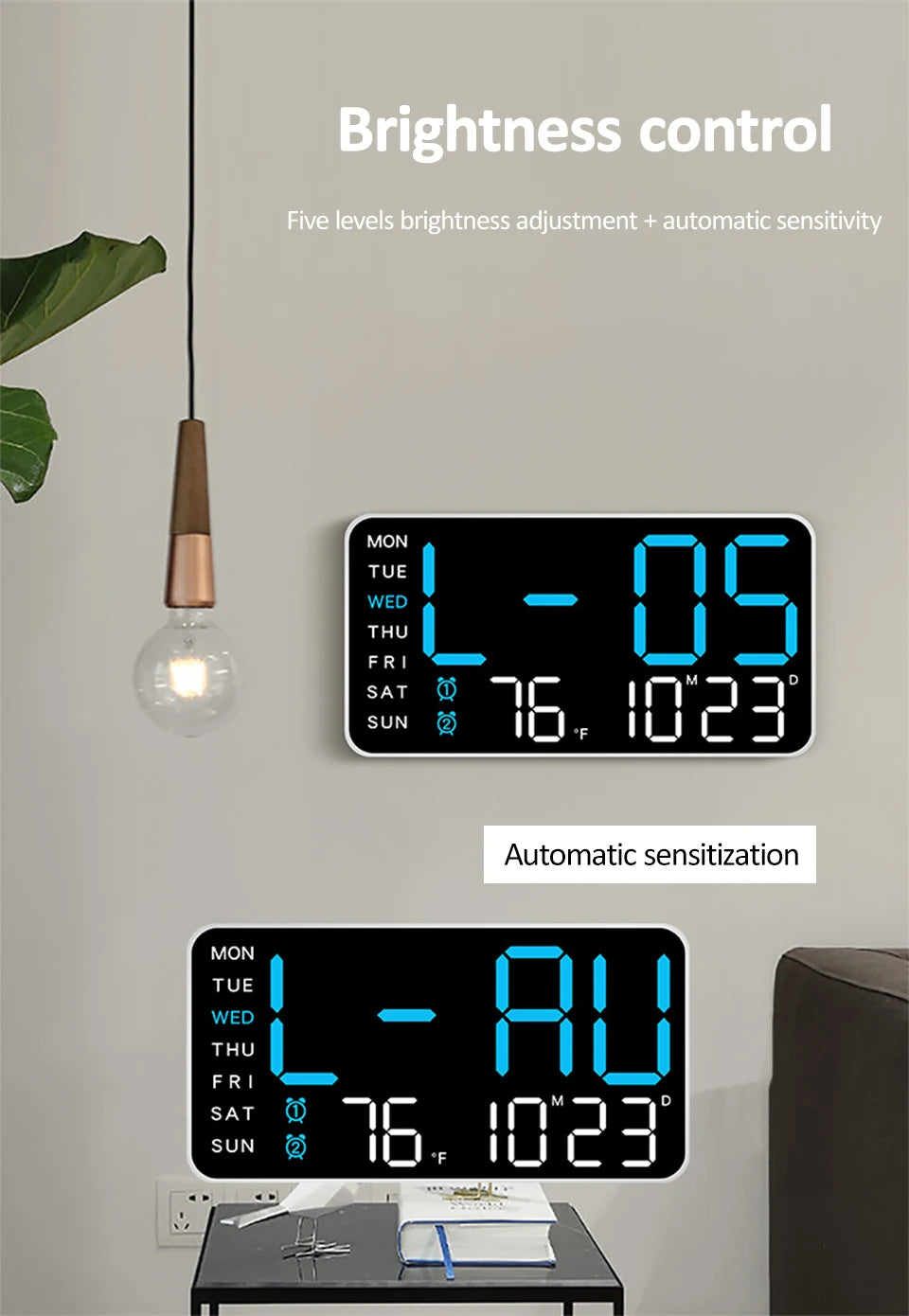 Voice Control Alarm Clock USB Powered LED Digital Clocks Temp Date Week Display 12/24H DST Brightness Adjustment 2-Alarms Clocks