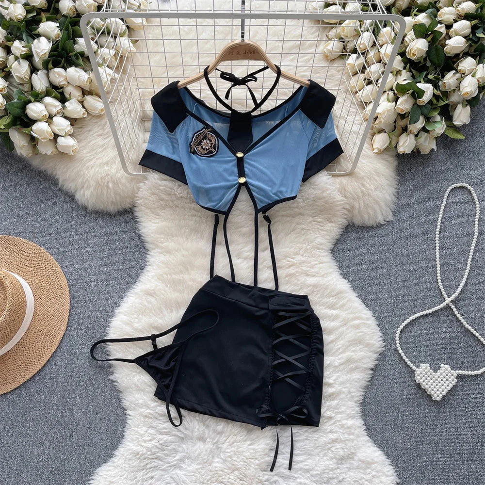 Girls Sexy Cute Japanese JK Uniform Mini Checkered Strap Skirt Off Shoulder High Waist Elastic Cosplay Dress Hot Sweet Pajama
