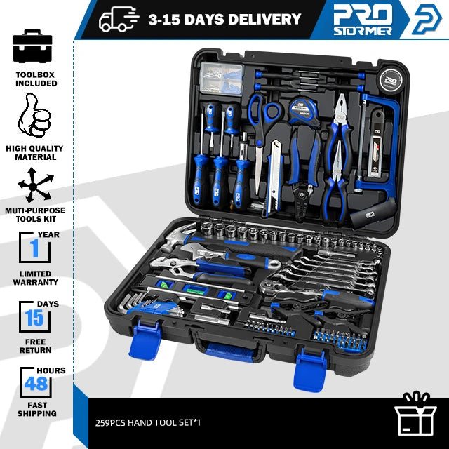 259Pcs Hand Tool Set DIY Home Repair Tool Kit Woodworking Tools Bag Car Repair Tool Set Wrench Saw Screwdriver By PROSTORMER