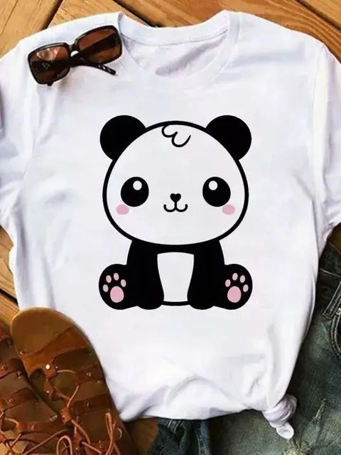 Maycaur Summer Women T Shirt Loose Tops Cute Panda Heart Print Short Sleeve Female Loose Casual T-shirt Ladies Top Teeadad