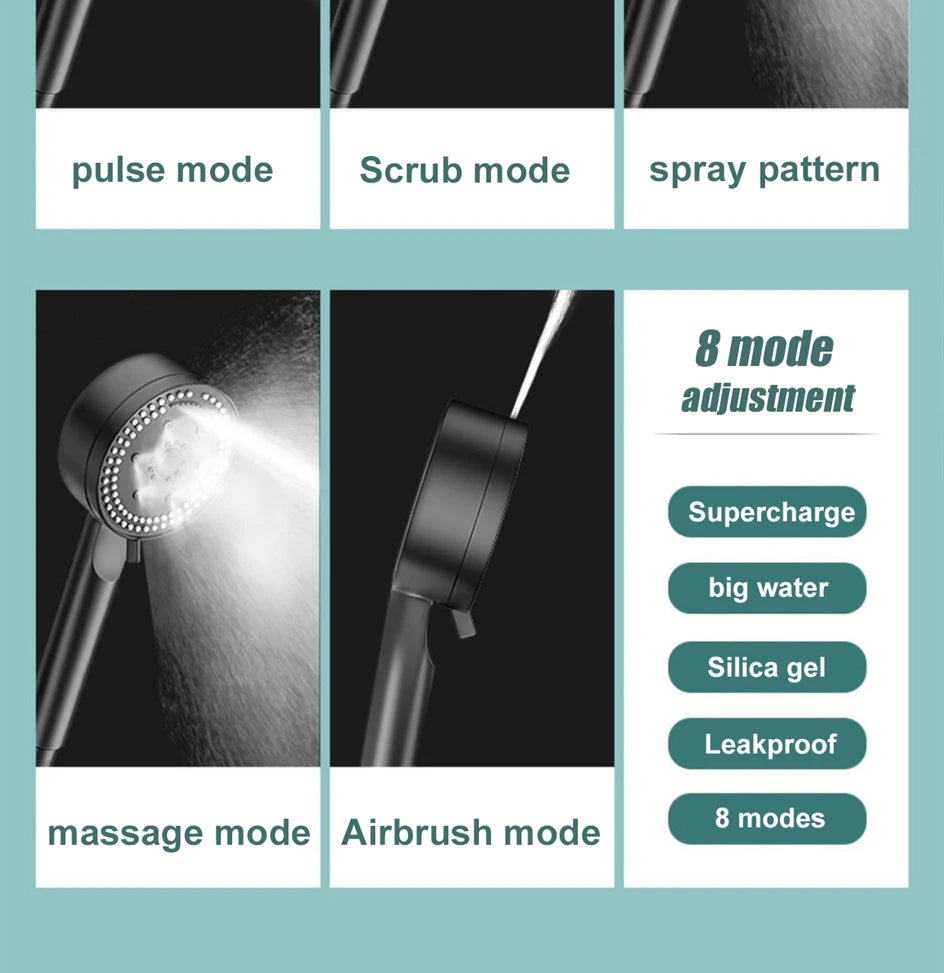 VILOYI 8 Modes Adjustable Shower Head High-pressure Water Saving Black Showerhead Handheld Bathroom Massage Showers Nozzle