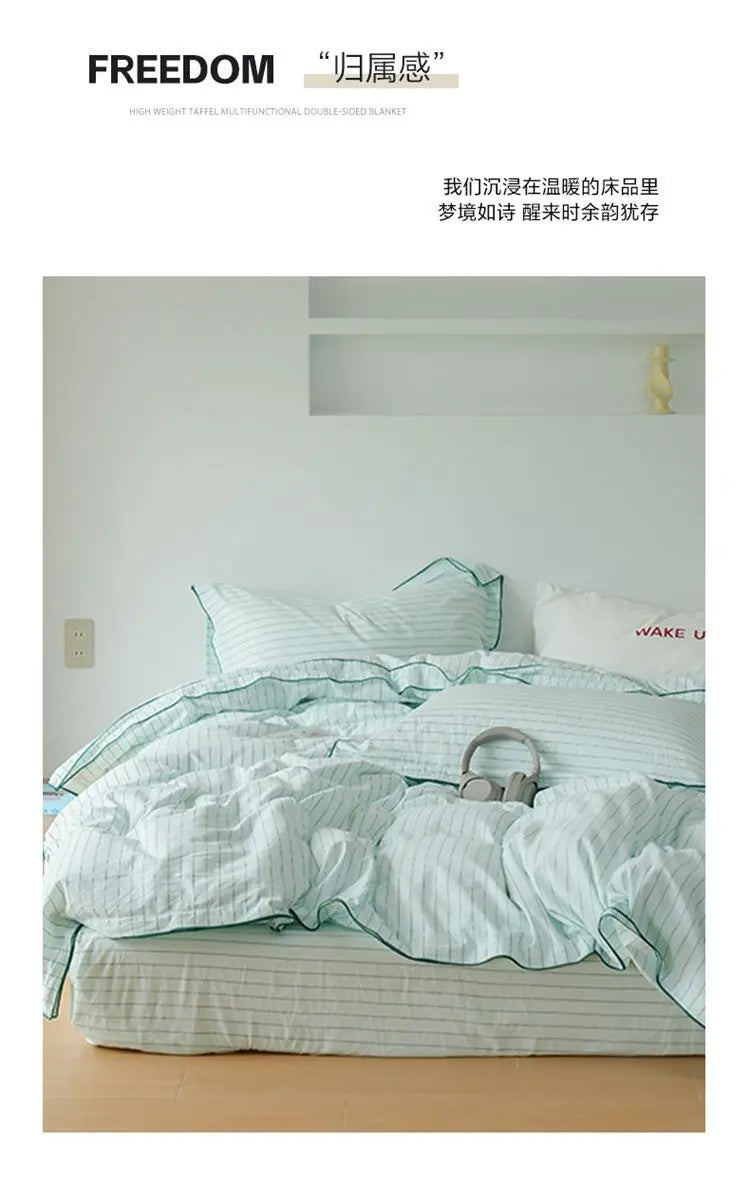 Mint Manbo Rolled Edge Washed Cotton Bed Four Piece Set, Duvet Cover, High-end Bed Sheet, Student Bed, Dormitory Three Piece Set