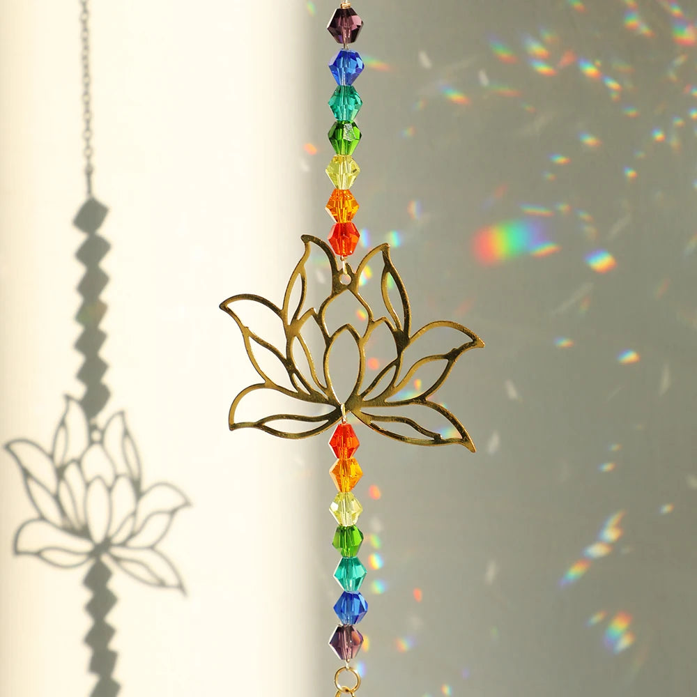 Crystal Sun Catcher Lotus Hanging Suncatcher Rainbow Maker Chakra Light Catcher Stained Glass Window Outdoor Garden Decoration