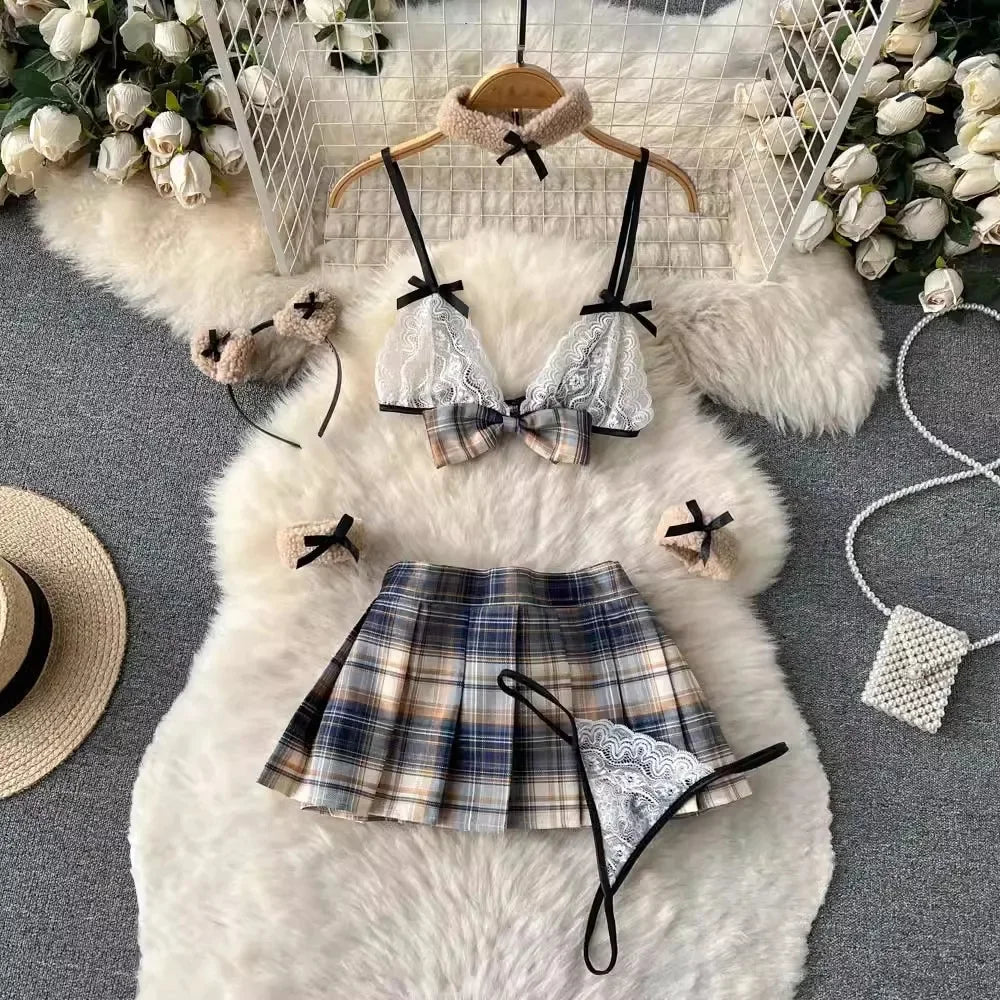 Girls Sexy Cute Japanese JK Uniform Mini Checkered Strap Skirt Off Shoulder High Waist Elastic Cosplay Dress Hot Sweet Pajama