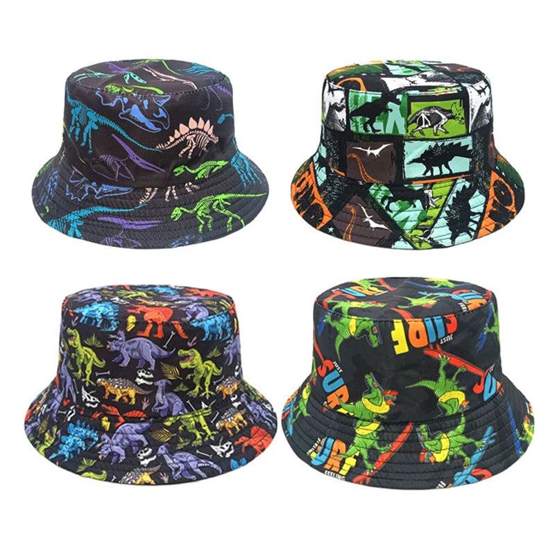 Bocca Cartoon Dinosaur Bucket Hat Children Boys Kids Fisherman Hats Pattern Double Sides Panama Cap Summer Outdoor Sunscreen Cap