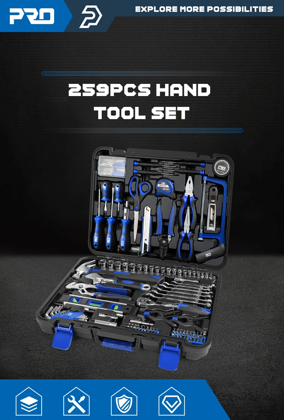259Pcs Hand Tool Set DIY Home Repair Tool Kit Woodworking Tools Bag Car Repair Tool Set Wrench Saw Screwdriver By PROSTORMER