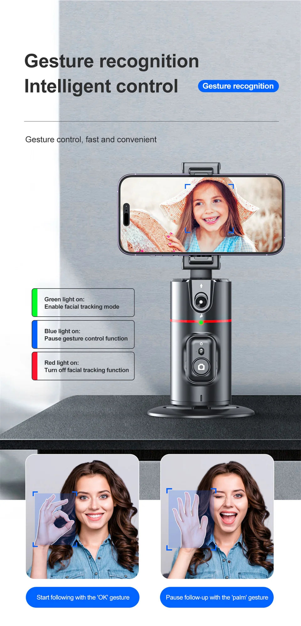 FGCLSY AI Auto Following Gimbal Stabilizer 360 Rotation Phone Stand P02 Desktop Tracking Gimbal with Remote for Live Photography