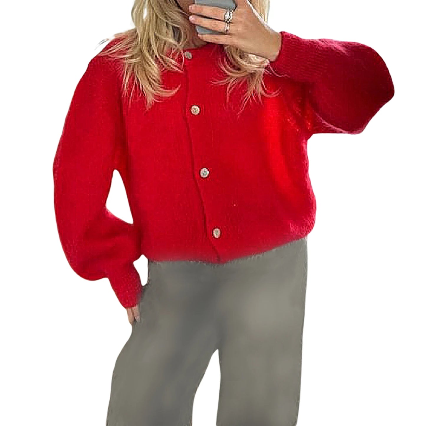Combhasaki Women's Y2K Chic Solid Color Fuzzy Loose Cardigan Long Sleeve Button Down Round Neck Sweater Soft Knit Tops Outerwear