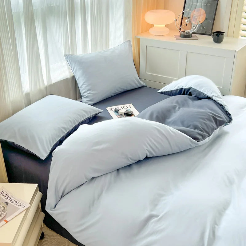 2-side Solid Color Brush Fabric Bed Set 4 Pieces Duvet Cover Pillowcase Bedding Set Bed Sheet Quilt Cover Single Queen King Size