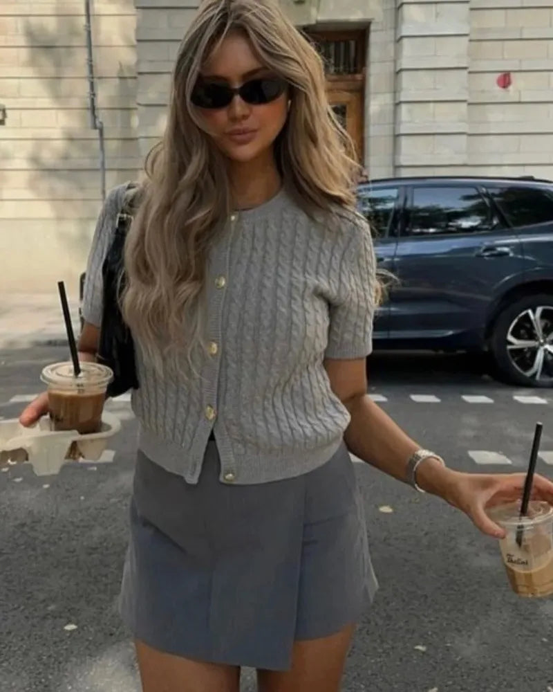 Trendix Women Winter Knit Cardigan Winter Street Fashion Patchwork Ribbed Short Sleeve Sweater Autumn Commute Knitwear Crop Top