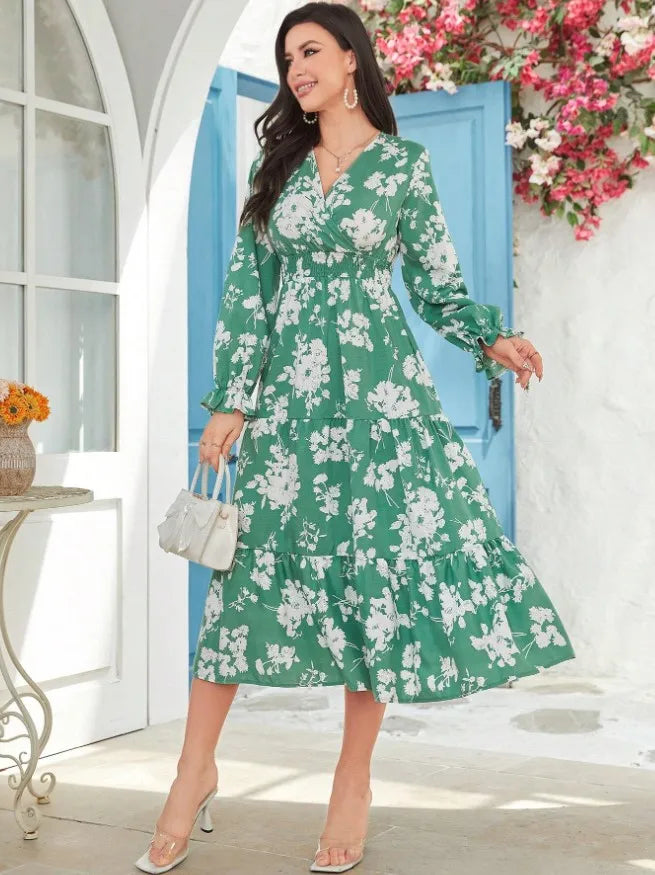 Autumn Women's New Sexy V-neck Fashionable Printed Cake Long Sleeves Medium To Long Length Casual Comfortable Dress For Women