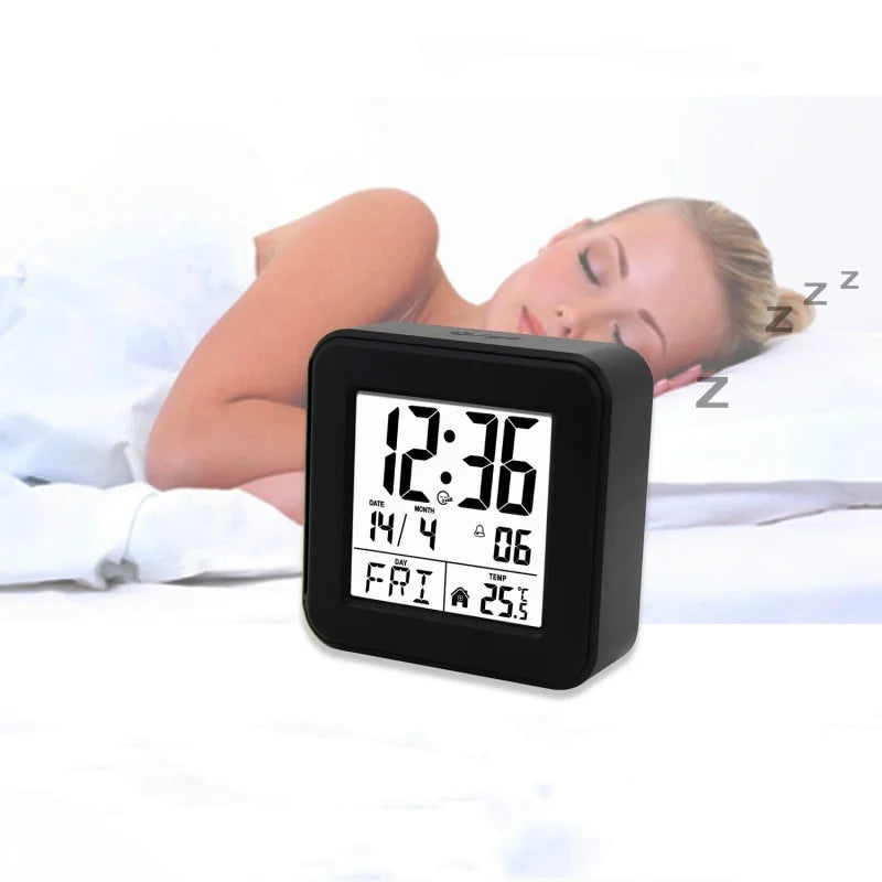 Portable Mini Digital Alarm Clock Temperature Date Week Touch Backlight Snooze Table Clock 12/24H Battery Powered LCD Clock