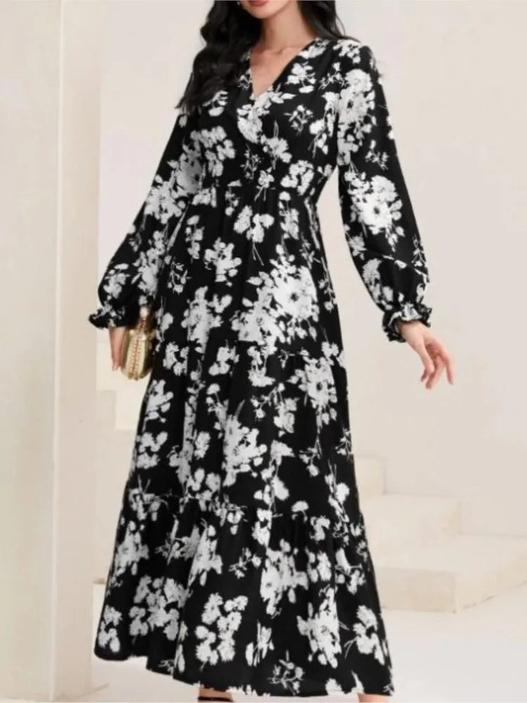 Autumn Women's New Sexy V-neck Fashionable Printed Cake Long Sleeves Medium To Long Length Casual Comfortable Dress For Women