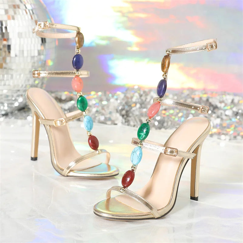 Liyke Bohemian Style Fashion Colour Gem Strap Designer High Heels Gladiator Sandals Women Summer Open Toe Wedding Banquet Shoes