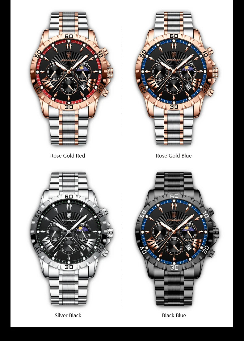 POEDAGAR Luxury High Quality Watch for Man Waterproof Luminous Chronograph Date Men Watch Stainless Steel Quartz Men's Watches
